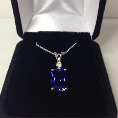 #ad Sterling Silver Natural Certified 4 Ct Blue Sapphire Octagon Shape Chain Pendant $57.49