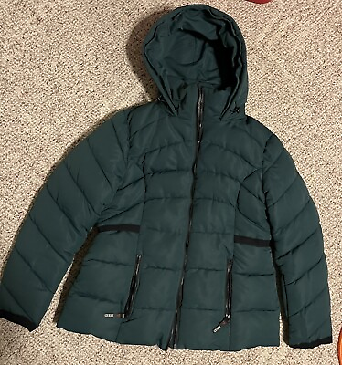 #ad Women’s Sz Large GUESS Green pine colored Warm Coat NO MAIN ZIPPER No Fur Hood $11.00