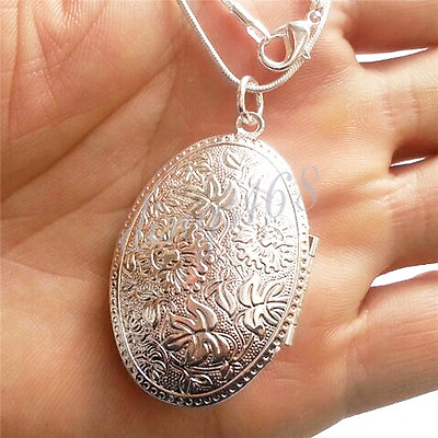 #ad 925 Sterling Silver Large Oval Photo Locket Pendant16 38quot; Necklace Chain Set H2 $17.99