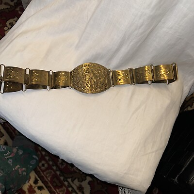 #ad RARE Vintage SOLID BRASS Link Belt Pressed Brass Linked Belt With Large Buckle $249.99