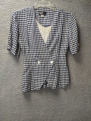 #ad Dawn Joy Fashion Womens Shirt Size 3 4 Blue Check Short Sleeve Dressy Blouse Top $20.29