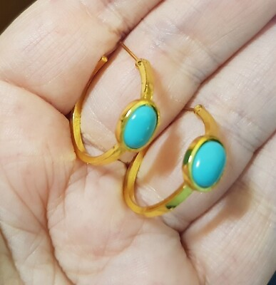 #ad ❤️Earrings 9ct Gold on Silver Turquoise❤️ 22 mm Antique Hoops Holiday Gift ❤️ GBP 8.59