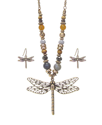 #ad Metal Filigree Dragonfly Pendant and Multi Bead Chain Necklace and Earrings Set $17.95