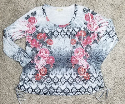 #ad One World Womens Shirt Plus 2X Flower Print Longsleeve Pullover Ruched Sides $11.99
