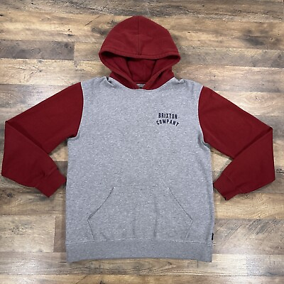 #ad Brixton Hoodie Mens Large Gray Red Fleece Long Sleeve Hooded Pullover Sweatshirt $14.99