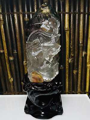 #ad 3.93LB Top natural Ghost phantom Quartz Carved Crystal dragon heal Gemstand $1490.00