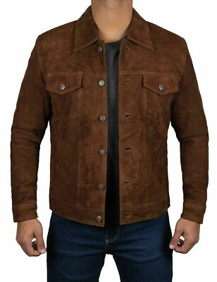 #ad Mens Brown Suede Leather Motorcycle Trucker Biker Jacket Genuine Leather $159.99