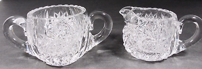 #ad Vtg American Brilliant Clear Cut Glass Etched Starburst Creamer amp; Sugar Bowl $49.00