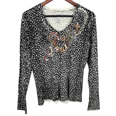 #ad Chicos SILK BLEND Size 1 MEDIUM 8 10 Beaded Leopard Blouse Shirt Top Formal Cozy $26.82