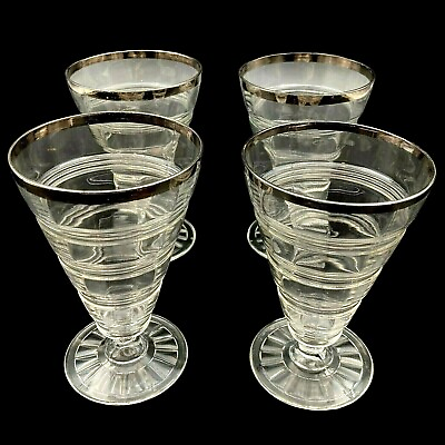 #ad Set of 4 Anchor Hocking Banded Rings Platinum Trim 5.5quot; Footed Tumbler Glasses $29.99