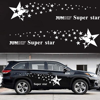 #ad 2 Pcs White Long Racing Stripes Vinyl Decal Sticker Star Graphics Car Side Body $12.99