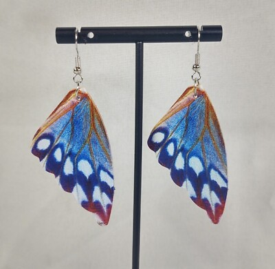 #ad Hook Drop Dangle Pierced Earrings Big Blue Moth Butterfly Wings Costume Jewelry $4.80