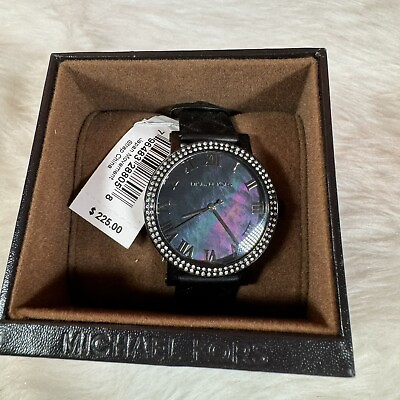 #ad NEW Michael Kors Liliane Silver Black Ceramic MOP Crystal Ladies Watch MK4650 $128.00