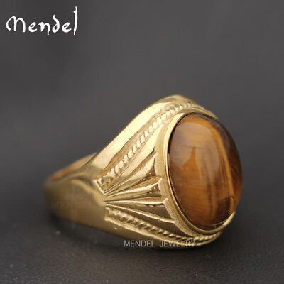 #ad MENDEL Mens Stainless Steel Gold Plated Natural Tiger Eye Stone Ring Size 7 15 $11.99
