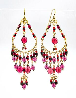 ARTISANAL Red Fuchsia Pink Smoky Hematite Crystals Gold Chandelier Earrings $26.39
