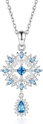 #ad White Blue Snowflake Dangle Pendant Necklace Sterling Silver Christmas Gift $68.00