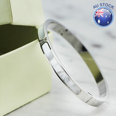 #ad NEW Pretty 18K White Gold Filled Solid Women#x27;s Mother of Pearl Bangle Bracelet AU $14.95