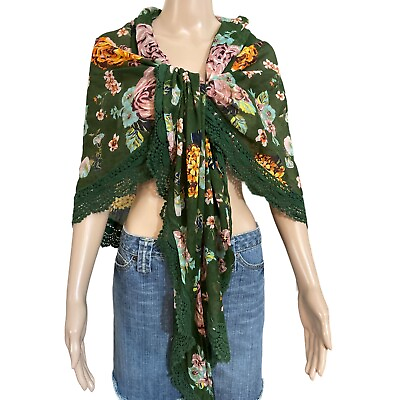 #ad Betsey Johnson Green Floral Scarf with Lace $28.00
