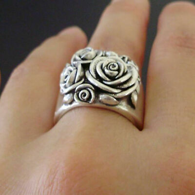 #ad Vintage 925 Silver Handmade Carved Rose Flower Women Ring Bride Wedding Jewelry $6.25