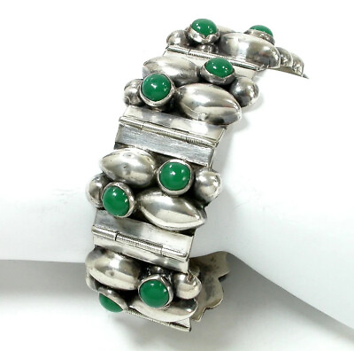#ad Rare Vintage Sterling Green Onyx Art Deco Hinged Bracelet $197.50