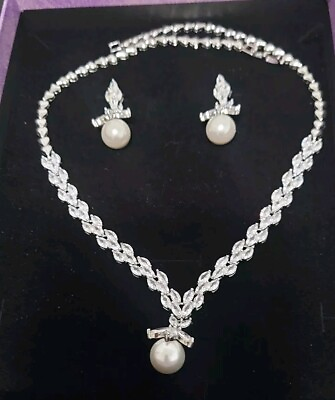 #ad Pear and White Gemstone Sterling Silver Necklace Set 925 Stamped Lowest $12 $12.00