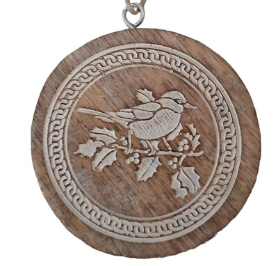#ad 2 Wood Bird Holly Ornament Round Animal with Tag $8.88
