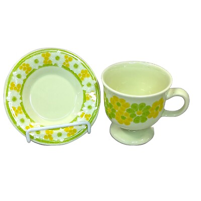#ad Pair Franciscan PICNIC Cup amp; Saucer Yellow Lime Green Daisy Floral coffee tea $8.96
