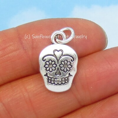 #ad Sugar Skull Charm Pendant Day of the Dead Candy Skull Silver 04008 B $9.99
