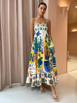 #ad Elegant Print Colorful Long Women High Waist Straps Backless Sexy A line Dress $33.98
