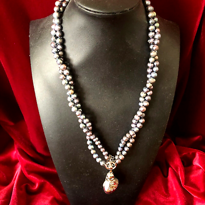 #ad Necklace Natural Black Pearls Double Strand Long 925 Silver Ruby Flask Handmade $500.00