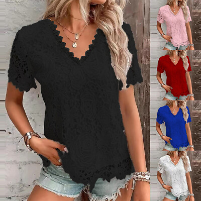 #ad Womens V Neck Lace T Shirt Tops Ladies Short Sleeve Summer Casual Blouse Shirt $19.99