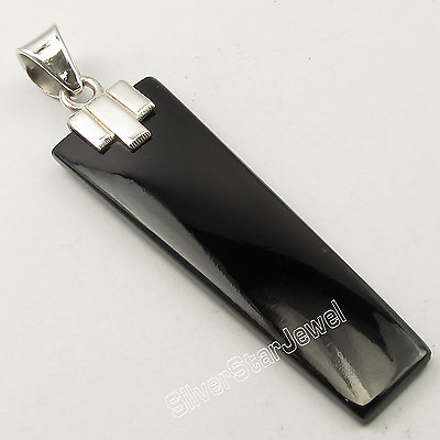#ad 925 Sterling Silver BLACK ONYX Fancy Flat Stone Exclusive Long Pendant 1.9quot; $10.50
