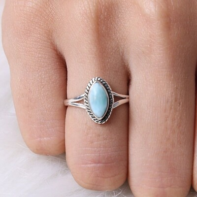#ad Handmade Natural Dominican Larimar 925 Solid Sterling Silver Ring Bohemian Ring $18.99
