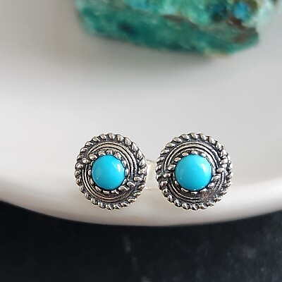 #ad Natural Gemstone Turquoise Small Round Stud Earring 925 Sterling Silver $27.90