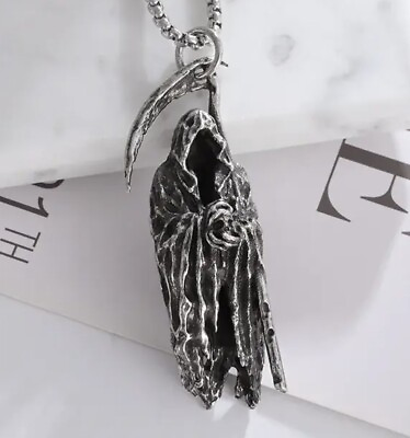 #ad Grim Reaper Death Sexy Vintage Shiny Silver Goth Punk Pendant Necklace 24” Pagan $10.50
