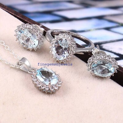 #ad Natural Blue topaz amp; CZ Stones 925 Sterling silver Pendant Ring Earrings Set #44 $103.55