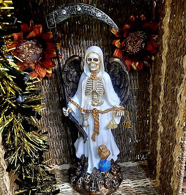 #ad SANTA MUERTE WHITE 12quot; HOLY DEATH STATUE WITH WINGS GRIM REAPER $75.00
