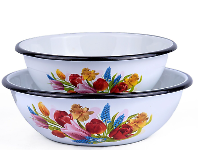 #ad SET OF 2 Tulips Flower Enamel Bowls Enameled Mixing Bowl Set 1.6qt 2.6qt UKRIANE $29.95