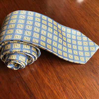 #ad HICKEY FREEMAN Neck Tie Blue Gold Ivory Green Squares Hand Tailored Silk England $59.95