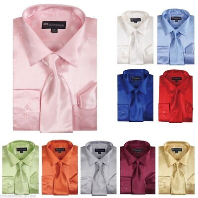 #ad Men#x27;s Fashion Shiny Satin Dress Shirt With Tie And Handkerchief 10 colors SG08 $18.99