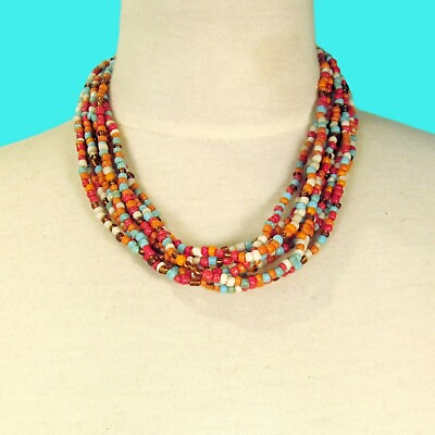 #ad 16quot; Multi Strand Red Multi Color Handmade Seed Bead Statement Necklace $13.99