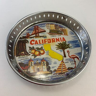 #ad Vintage Metal Coaster Tray 3quot; Round California Golden Gate San Diego Spanish C $8.09