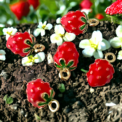 #ad 5 pcs Red Enamel 3D Strawberry Charms Solid Fruit 16mm Bead Drop Metal Pendants $11.69