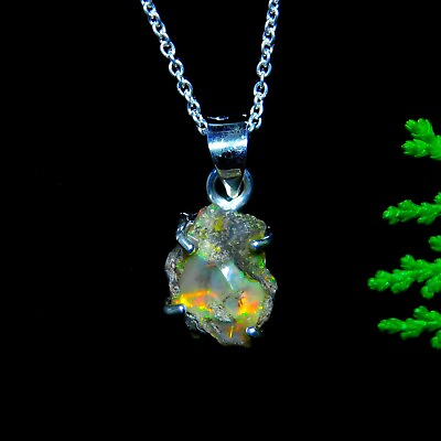 #ad Genuine Ethiopian Fire Opal 925 Sterling Silver Rough Gemstone Pendant Necklace $30.59