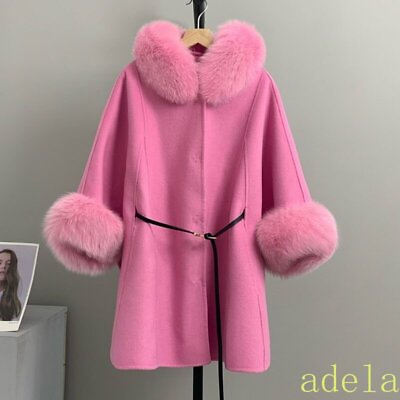 #ad Luxury Ladies Winter Wool Coat Fox Fur Collar Natural Fur Trench Coat Belt Wool $255.83
