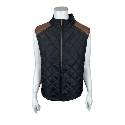 #ad Du Jour Women#x27;s Zip Front Puffer Vest with Faux Leather Solid Black Medium Size $20.00