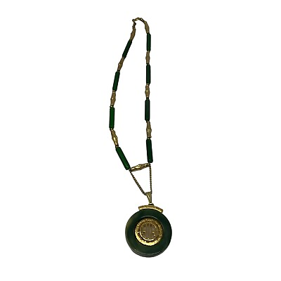 #ad Faux Jade Necklace Oriental Pendant with Green Acrylic Beaded Stations Gold Tone $29.95