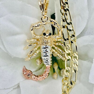#ad 14k Gold Plated Scorpion Alacrán Pendant Figaro Chain 24quot; Tritone Gold Color $19.45