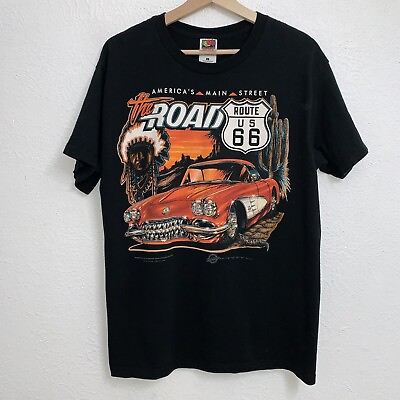 #ad Vintage Corvette C1 The Road Route 66 Tee Black T Shirt Short Sleeve Size Large $28.88