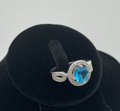 #ad NWOT Simulated Aquamarine Halo CZ Sterling Rhodium Plated Cocktail Ring 8.75 $40.17
